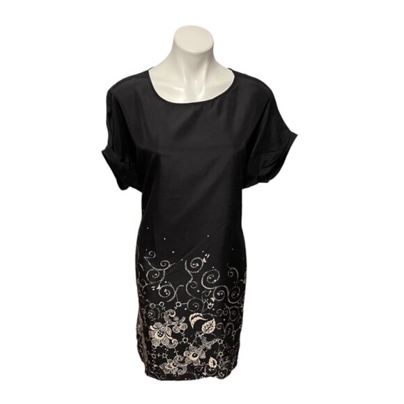 Garnet Hill Oversized Size 4 Black Floral Capped Sleeve Back Tie Silk Dress - Picture 2 of 7